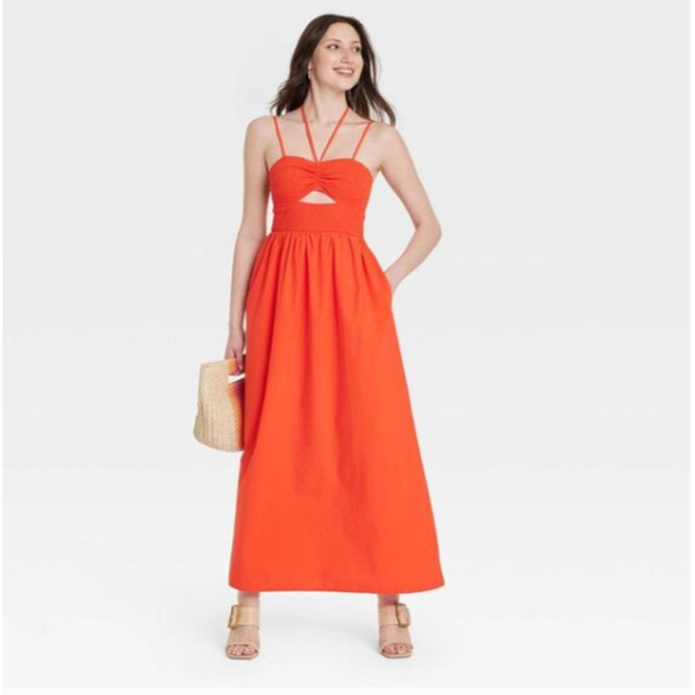 Smocked Cut-Out Maxi Dress Casual Red Sz Large NWT Universal Thread